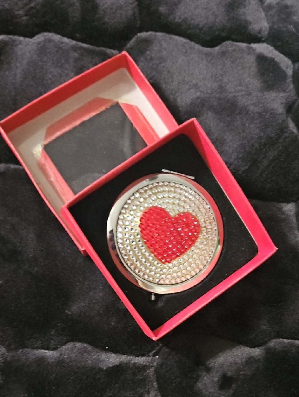 Crystal Heart Compact Mirror - Red & Silver